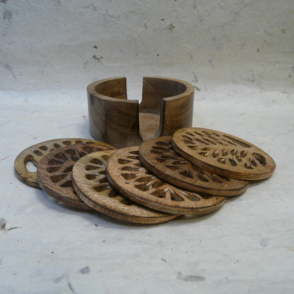Tree of Life set of 6 Carved Wood Coasters in Holder