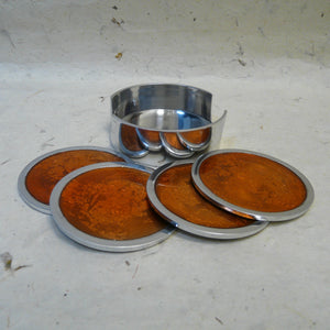Set of 4 Orange Aluminium Coasters in Holder