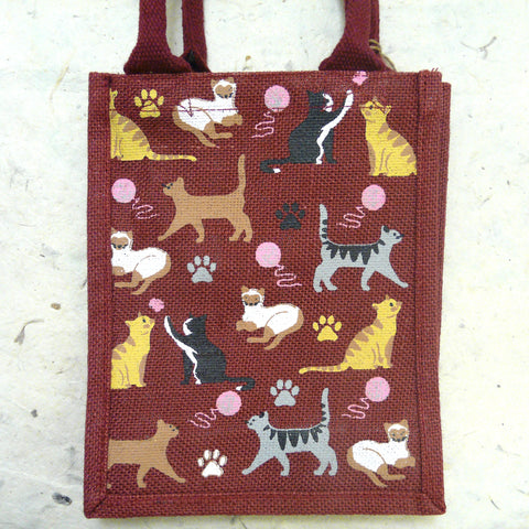 Cats Small Burgundy Fair Trade Jute Bag