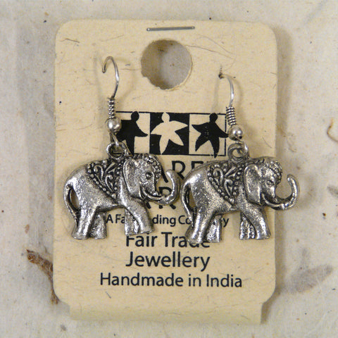 Silver Coloured Fair Trade Side View Elephant Earrings