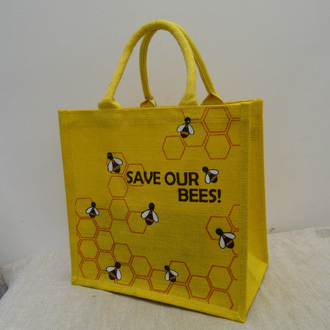 fair-trade-jute-shopping-bag-square-yellow-Save-Our-Bees-honey-comb