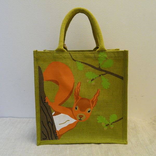 fair-trade-jute-shopping-bag-square-green-squirrel-looking-round-oak-tree-trunk-branch-with-oak-leaves