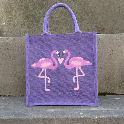 fair-trade-jute-shopping-bag-square-purple-two-pink-flamingoes-facing-with-pink-heart-between