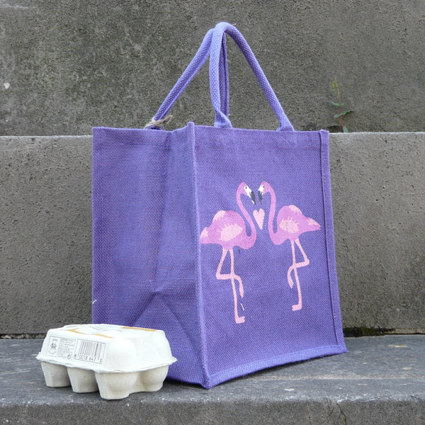 fair-trade-jute-shopping-bag-square-purple-two-pink-flamingoes-facing-with-pink-heart-between-sideview
