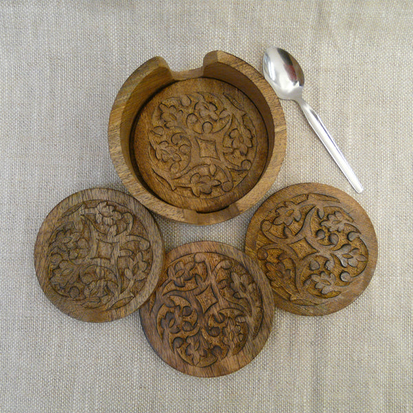 P1110076-Fair-Trade-carved-Mango-wood-Malabar-Vine-Coasters-3-with-Holder-and-teaspoon