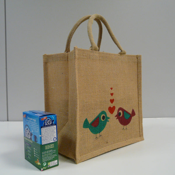 P1110504-Fair-Trade-Jute-Square-Shopping-Bag-2-love-birds-1400-side-with-soup-box