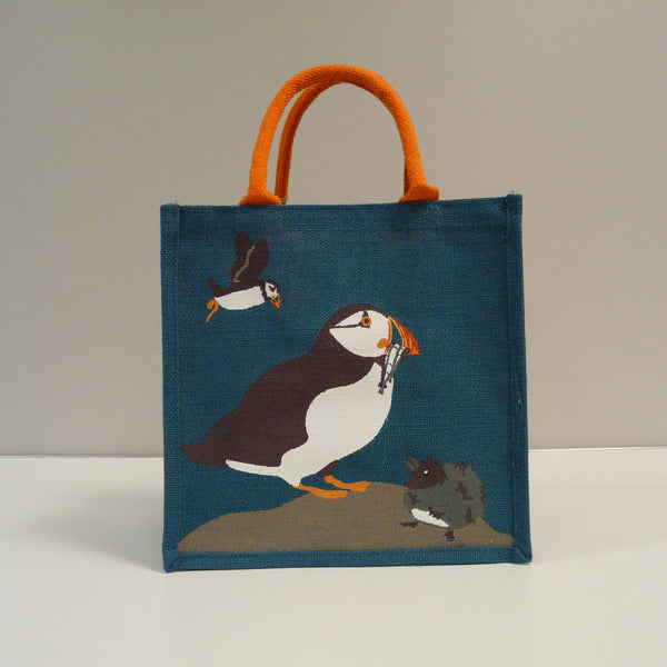 P1110510-Fair-Trade-Jute-Square-Blue-Shopping-Bag-Puffins-19703-front-view
