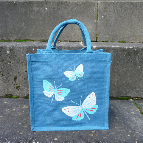 P1110524-Fair-Trade-Blue-Jute-Bag-3-Butterflies-1403-front-view