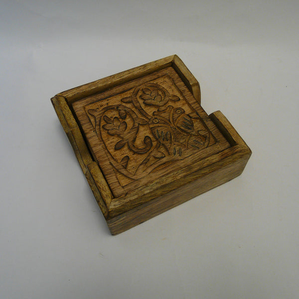 Owl Tree of Life set of 4 Carved Wood Coasters in Holder