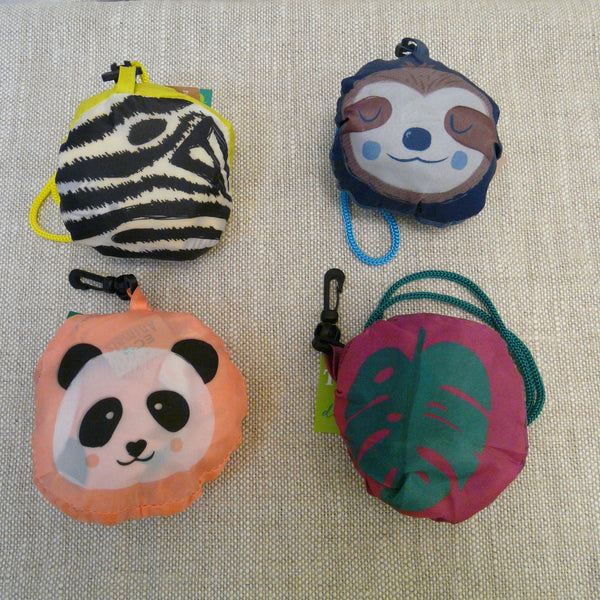 Zebra, Sloth, Panda and Toucan - Four designs of folding bags made from recycled plastic bottles