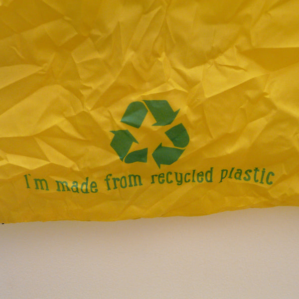 Back of bag showing Recycled symbol and 'I'm made from recycled plastic' detail
