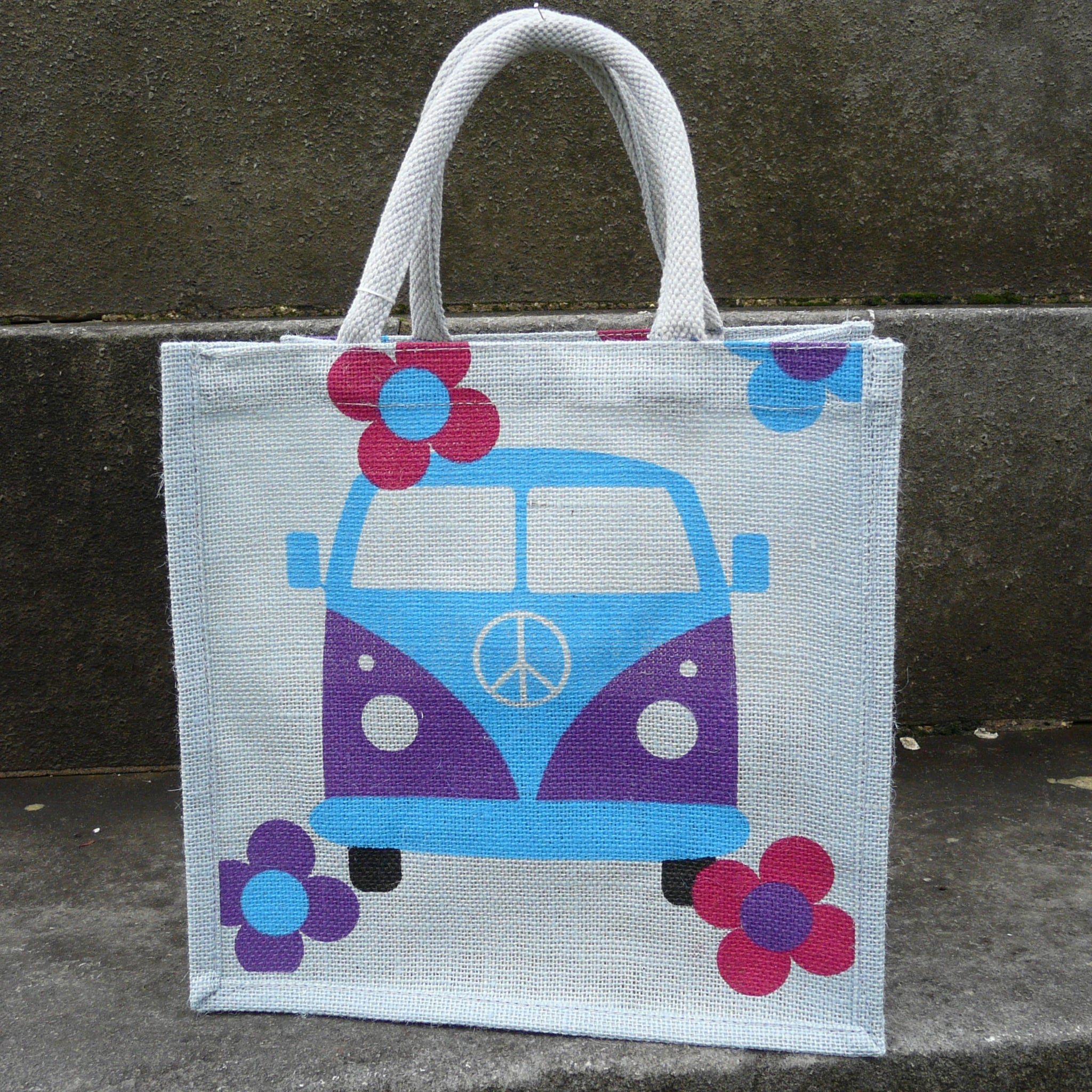 Square Purple Grey Jute Bag with picture of front of blue and purple campervan with 4 flowers