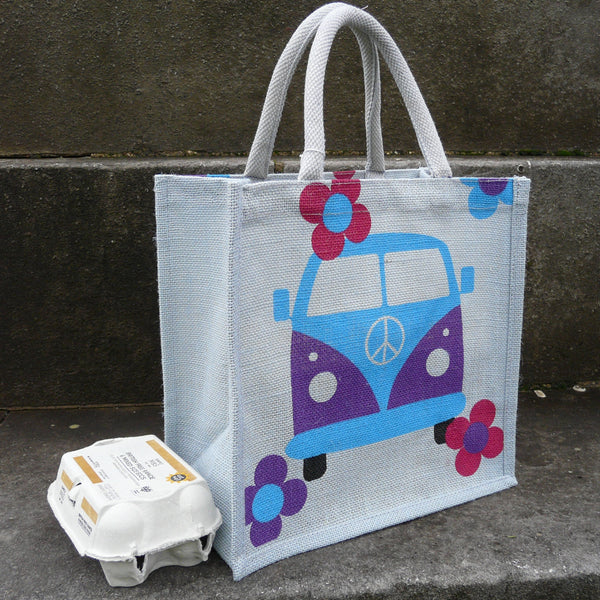 Side view of Square jute bag printed with front view of Campervan with 6 egg box to show depth