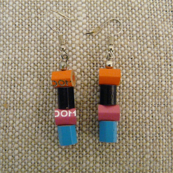 Drop earrings each with four 8mm pieces of crayon - orange, navy blue, pink, sky blue