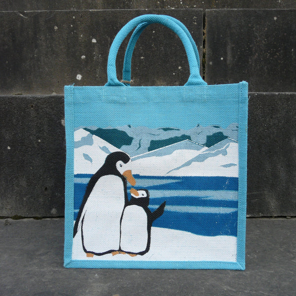 Penguin and Chick Blue Jute Bag
