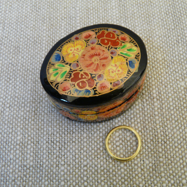 Black with Bright Flowers Hand Painted Papier Mache Ring Box