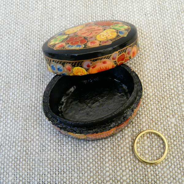 Black with Bright Flowers Hand Painted Papier Mache Ring Box