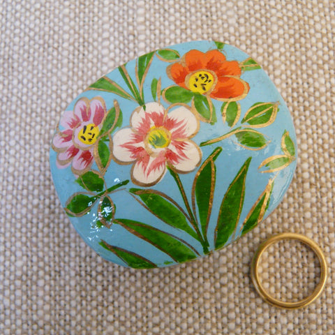 Turquoise with Flowers Hand Painted Papier Mache Ring Box