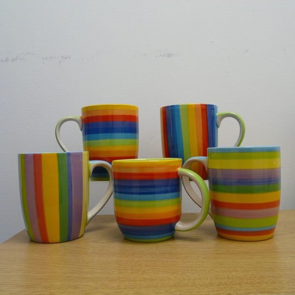 Front-row;-taller-pastel-vertical-striped-mug-Shorter-Rainbow-horizontal-striped-mug-taller-pastel-horizontal-striped-mug-Back-row--taller-Rainbow-horizontal-stripes-taller-Rainbow-vertical-stripes