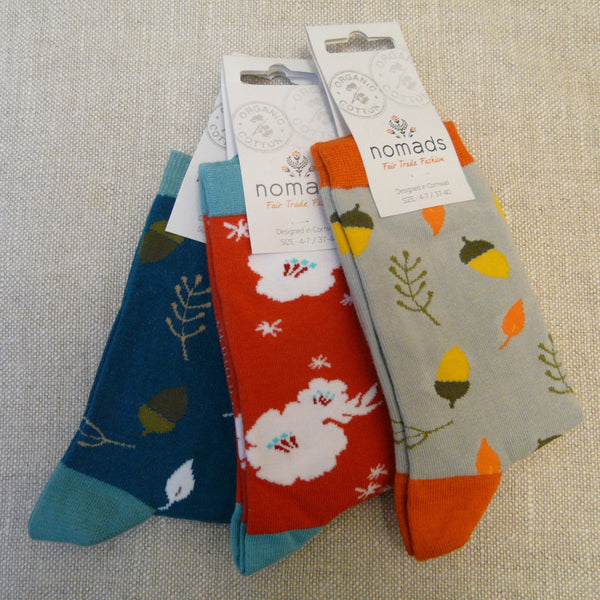 P1130751-3-pairs-Organic-Cotton-socks-4-7.-On-left-Aqua-socks-decorated-with-Acorns,-centre-scarlet-socks-decorated-with-white-Hybiscus-right-silver-socks-decorated-with-acorns