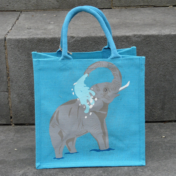 Showering Elephant Sky Blue Jute Bag