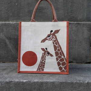 Giraffes Tan and Cream Hand Screen-printed Jute Bag