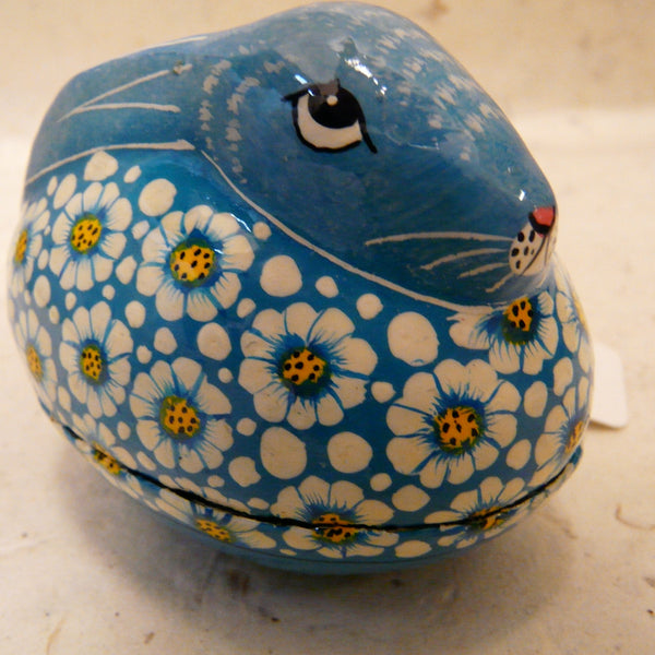Blue Rabbit with White Flowers Hand Painted Papier Mache Box