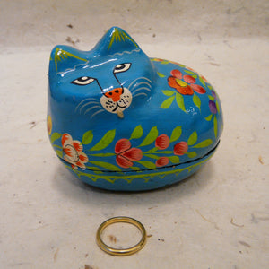 Turquoise Cat Hand Painted  Fair Trade Papier Mache Box