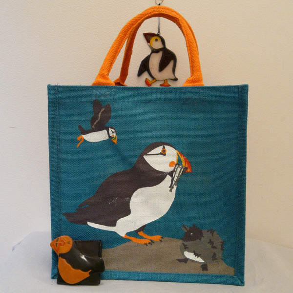 Puffin and Chick Blue Jute Bag